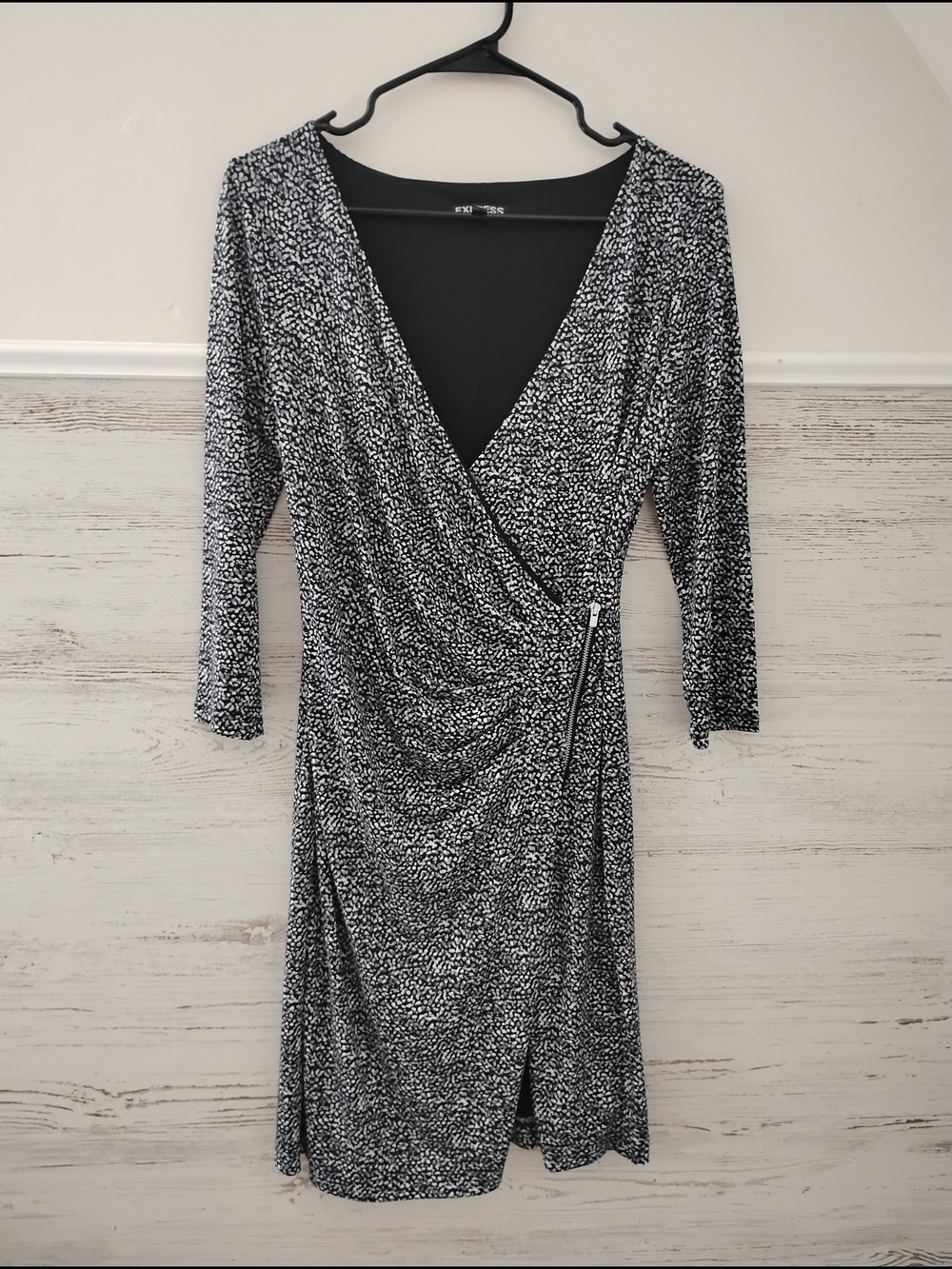 Express Navy Blue and White Long Sleeve Zipper Wrap Dress